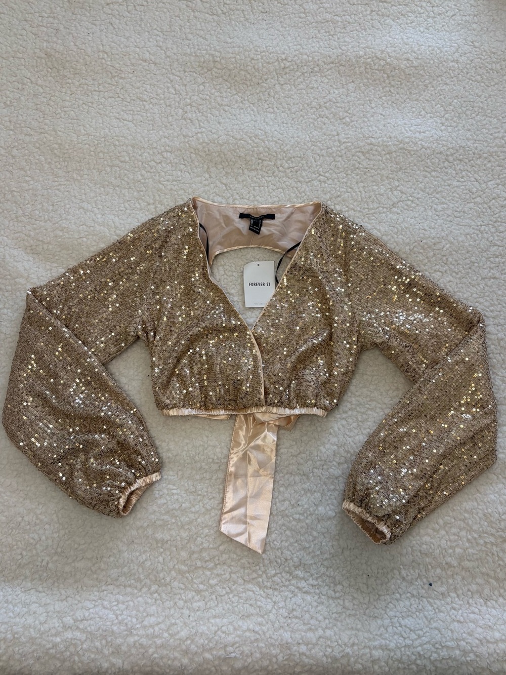 Forever 21 Women Gold Sequins Long Sleeve Tie Back Top